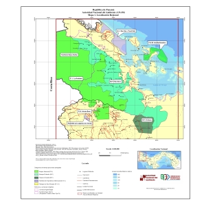 Mapa de las áreas protegidas y áreas indigenas que comprenden la Reserva de la Biósfera La Amistad Panamá